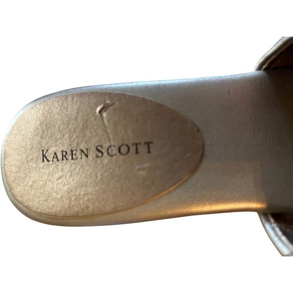 Karen Scott Metallic Gold Slide Wedge Sandals Cork Heel & Ruched Detail Size 7.5